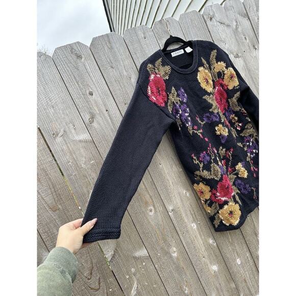 Vintage Chaus‎ Sweater Floral Black Cottagecore Small Winter Knit Fall Cozy - Picture 4 of 8